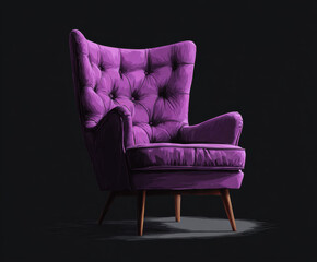 Luxurious velvet armchair with high backrest and tufted cushioning in vibrant purple hue, supported by tapered wooden legs, set
