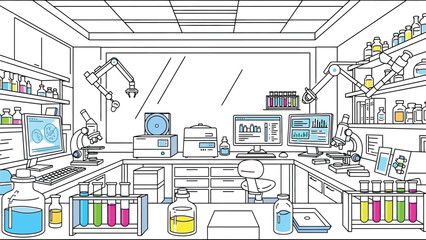 Modern science laboratory setting equipped with advanced technology including robotic arms microscopes computers and various colorful chemical solutions for research