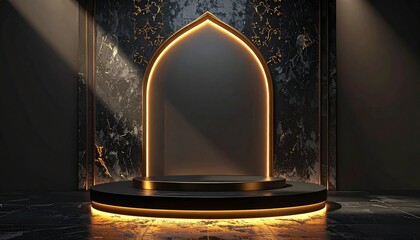 Luxury black and gold product display podium with glowing arch background