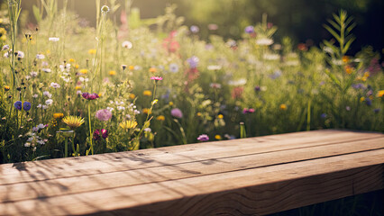Wildflowers and wooden table background created concept. A serene wooden bench surrounded by colorful wildflowers.