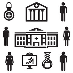  A collection of healthcare icons including hospital, patient, medicine, and scientific research