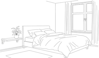 Simple black and white line art drawing depicts a cozy modern bedroom setup featuring a neatly made bed with pillows and soft duvet next to a window.