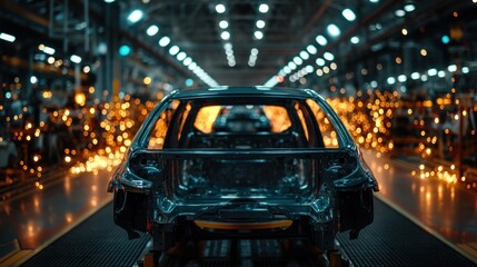 A dark, industrial view of a car body shell moving along a production line, illuminated by warm, focused lights.