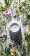 Cream jar surrounded by diverse wildflowers, bright