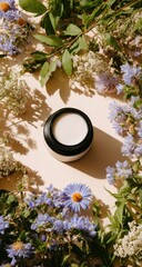 Cream jar surrounded by flowers, natural light