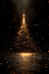 Magical christmas tree made of shimmering golden stars and sparkling particles against dark background, evoking festive wonder and holiday spirit