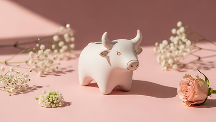 A white ceramic bull figurine surrounded by flowers on a pink background