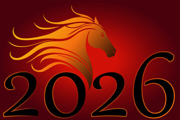 Fire Horse 2026 Chinese Zodiac Concept Stylized Golden Horse Profile with 2026 Typography