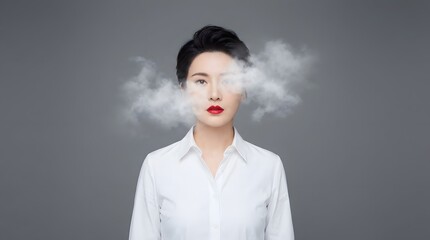 Frustrated Woman with White Smoke Rising from Head Symbolizing Overwhelm and Stress in a Professional Setting