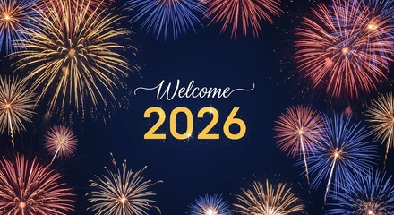 New Year 2026 Fireworks Celebration with Welcome Message on Dark Night Sky Background