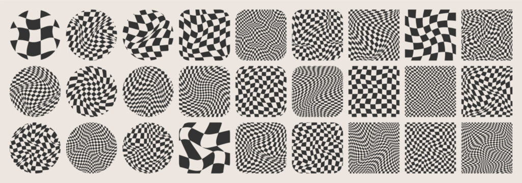 Groovy checkered pattern, colorful tiled grid. Vintage wavy curved backdrop, distortion effect. Funky geometric chessboard texture, retro background in 90s style, y2k. Vector illustration