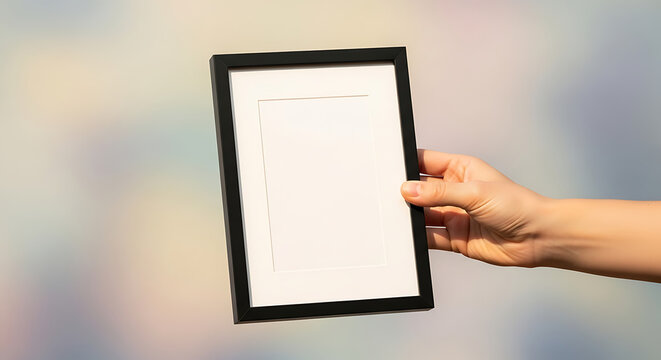 Hand holding a black picture frame with a white insert against a blurred background image in studio ai generated