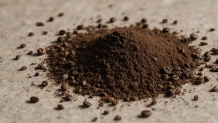Heap of rich brown coffee powder surrounded by roasted coffee beans.