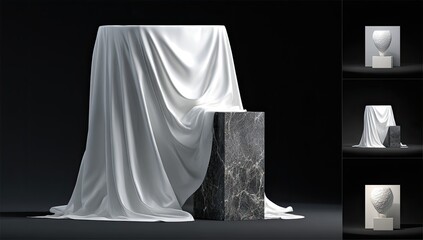 Draped cloth on marble pedestal, with alternate views