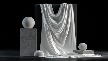 Vases, draped fabric, dark backdrop