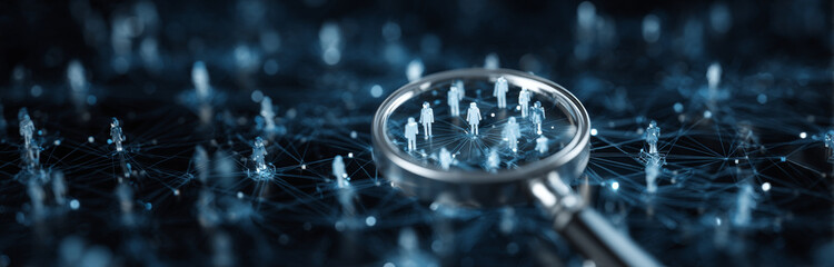 Magnifying glass with a metallic handle and clear glass lens hovering over a digital network of interconnected human icons, representing data analysis and social connections