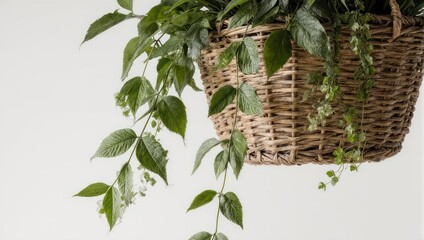 Hanging basket with lush green plant against white wall.