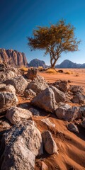 Desert landscape rocks, tree, mountains, blue sky
