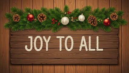 Festive wooden sign with garland reading joy to all.