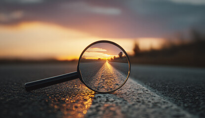 Magnifying glass with black handle reflecting a sunset over an empty asphalt road at dusk, highlighting the textured road surface and distant horizon