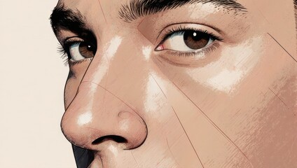 Close up of a mans face showing his eye and nose with dramatic lighting.