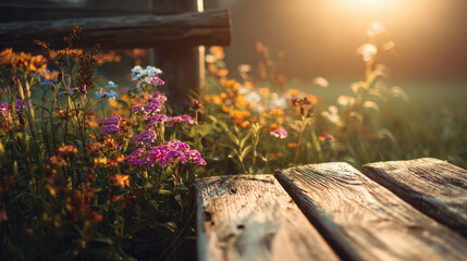 Wildflowers and wooden table background created concept. Vibrant wildflowers bloom near a rustic wooden fence at sunset.