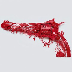Red revolver sculpture covered in intricate floral patterns