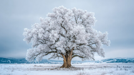 Majestic deciduous tree covered in snow with frosted branches and roots in winter landscape