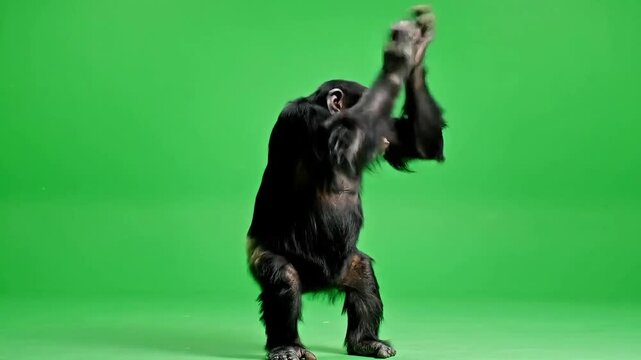 Chimpanzee dancing energetically on green screen with dynamic movement