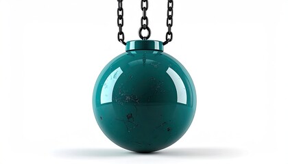 A teal sphere chained from above against white