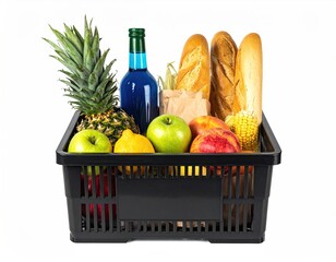 Black basket overflowing with groceries, white backdrop