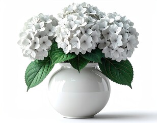White hydrangea blooms in a round white vase, green leaves