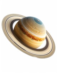 A planet with rings, swirling bands, and a cool hue