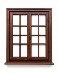 Wooden window with divided panes, white background