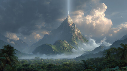 Majestic mountain peak with a cross at summit illuminated by a beam of white light shining from the sky, surrounded by lush green forest and dramatic clouds