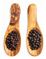 Two spoons of peppercorns on white background