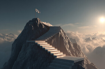 Majestic mountain peak with a luminous staircase leading to a glowing platform at the summit, featuring rocky textures and dramatic lighting against a cloudy sky