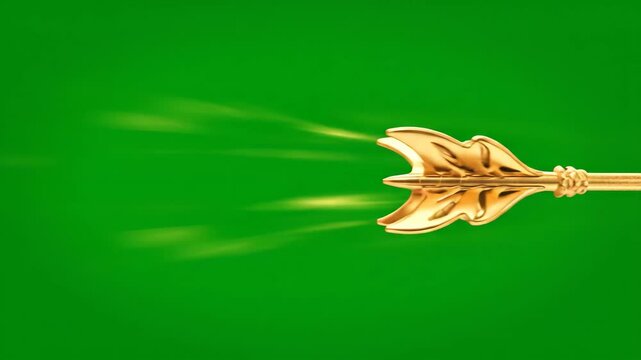 A digitally rendered golden cupid's arrow tip symbolizing valentine love is flying fast against a bright green screen.