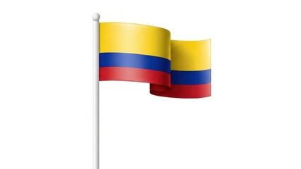 Waving Colombian national flag on flagpole isolated on white.