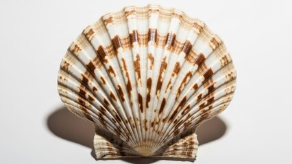 Striped scallop seashell isolated on white background.