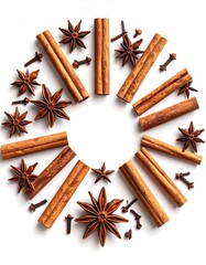 Aromatic spice arrangement on white, close-up view