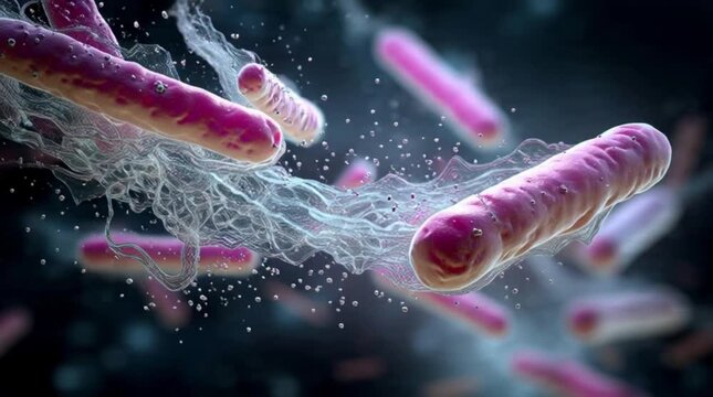 Flow of sticks and lactobacilli in milk leaven in microscope. Theme of foods background is under 1000x magnification. Bacteria from edible milk product such as kefir or yogurt. Microcosmic background