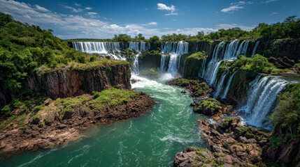 Majestic waterfalls cascading over lush green cliffs in a vibrant landscape with flowing river and dense forest