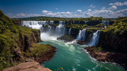 Majestic waterfalls cascading over lush green cliffs in a vibrant landscape with flowing turquoise water under a partly cloudy sky