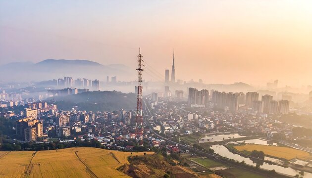 Aerial View of a Cityscape at Sunrise with Hazy Atmosphere.