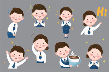 Cute illustrations of little girls and boys in white shirts; suitable for use as emojis.