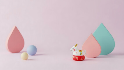 A whimsical scene featuring a unicorn figurine among colorful shapes and balls