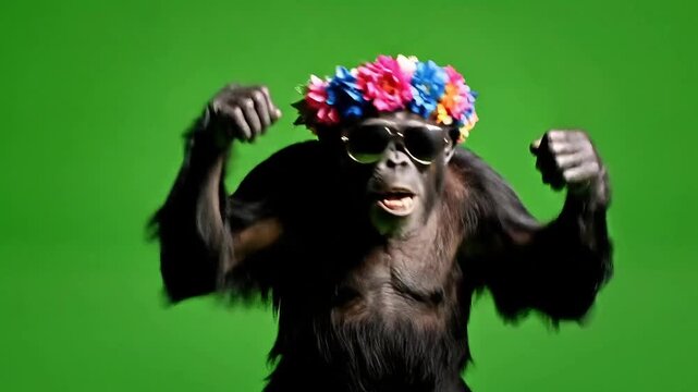 Dancing chimpanzee in sunglasses and floral crown on green screen