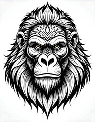 Obraz premium A fierce primate, detailed with intricate lines, stares forward intensely. This black and white portrait emphasizes the features of the subject