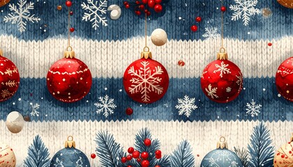 A festive seamless pattern of red and blue Christmas ornaments with snowflakes and a knitted texture background